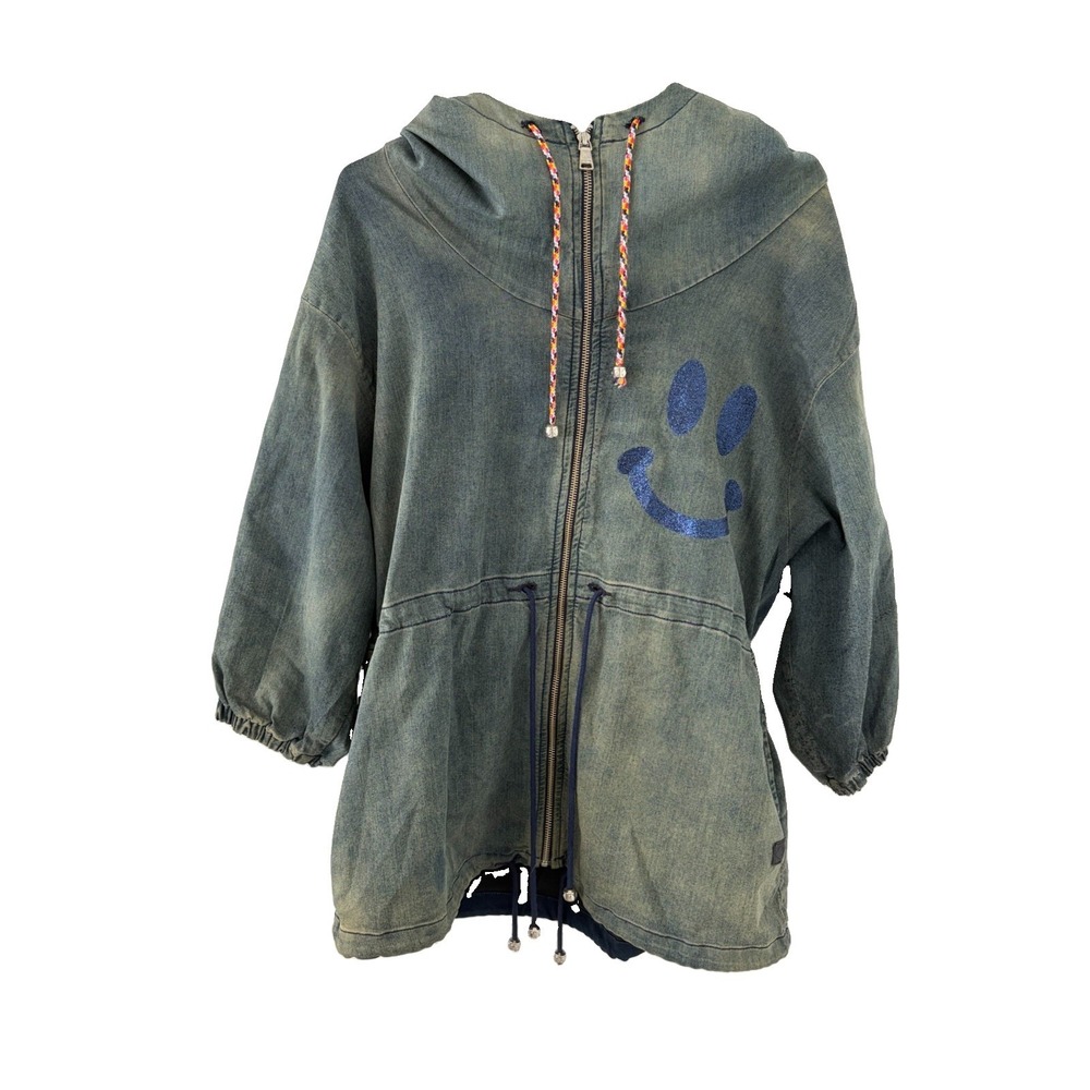 Jazmin Chebar Parka Jacket Women S Blue Rainbow Smiley Y2K Distressed L3000417